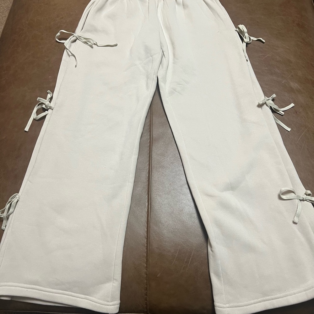 Edikted Cream Wide Leg Pants with Bow Accents
